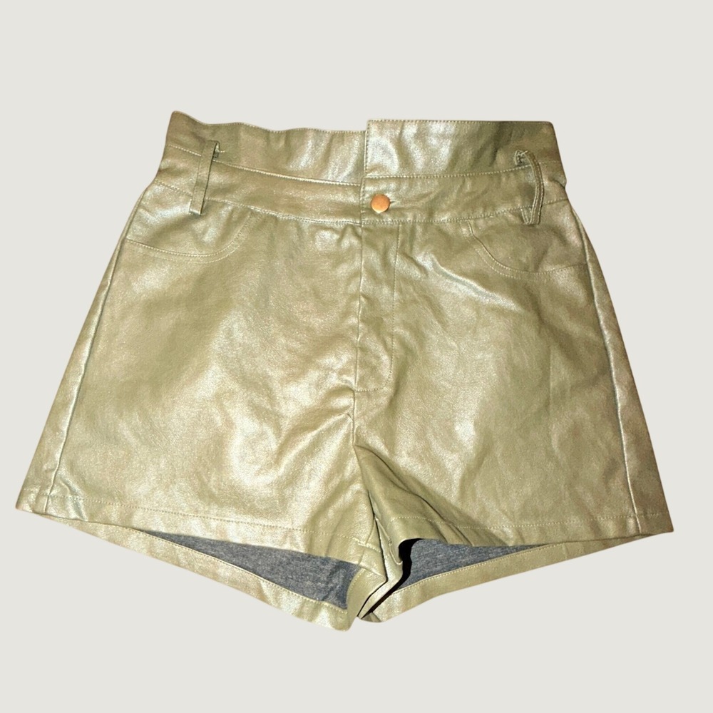 Le Lis Collection Olive Green Faux Leather High Waisted Shorts Metallic Size M